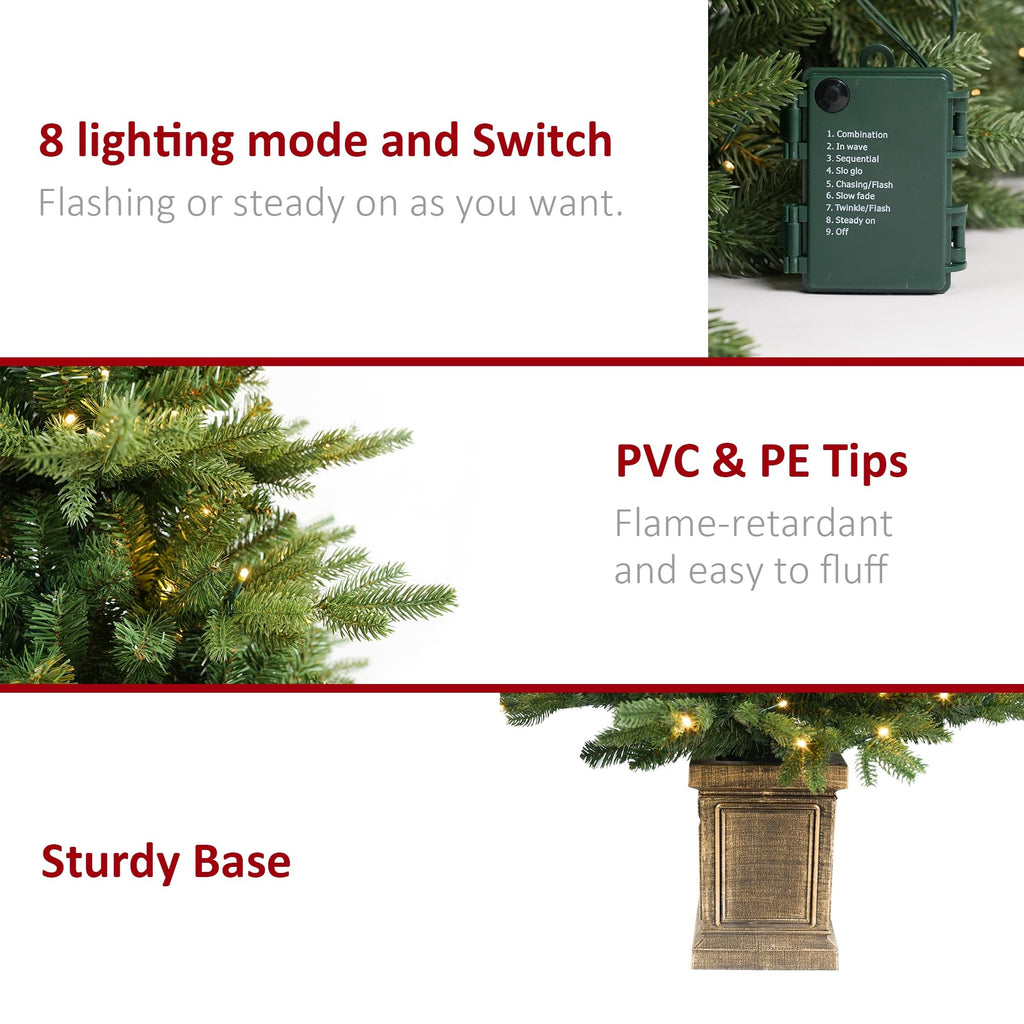 4FT Prelit Potted Christmas Tree with 100 LED, Artificial Christmas Tree Outdoor Indoor Decor, Battery Operated