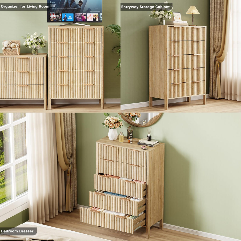 47" Tall Dressers Fluted 5 Drawer Dresser, Wooden Dresser Modern Chest of Drawers Dressers with Organizer Storage
