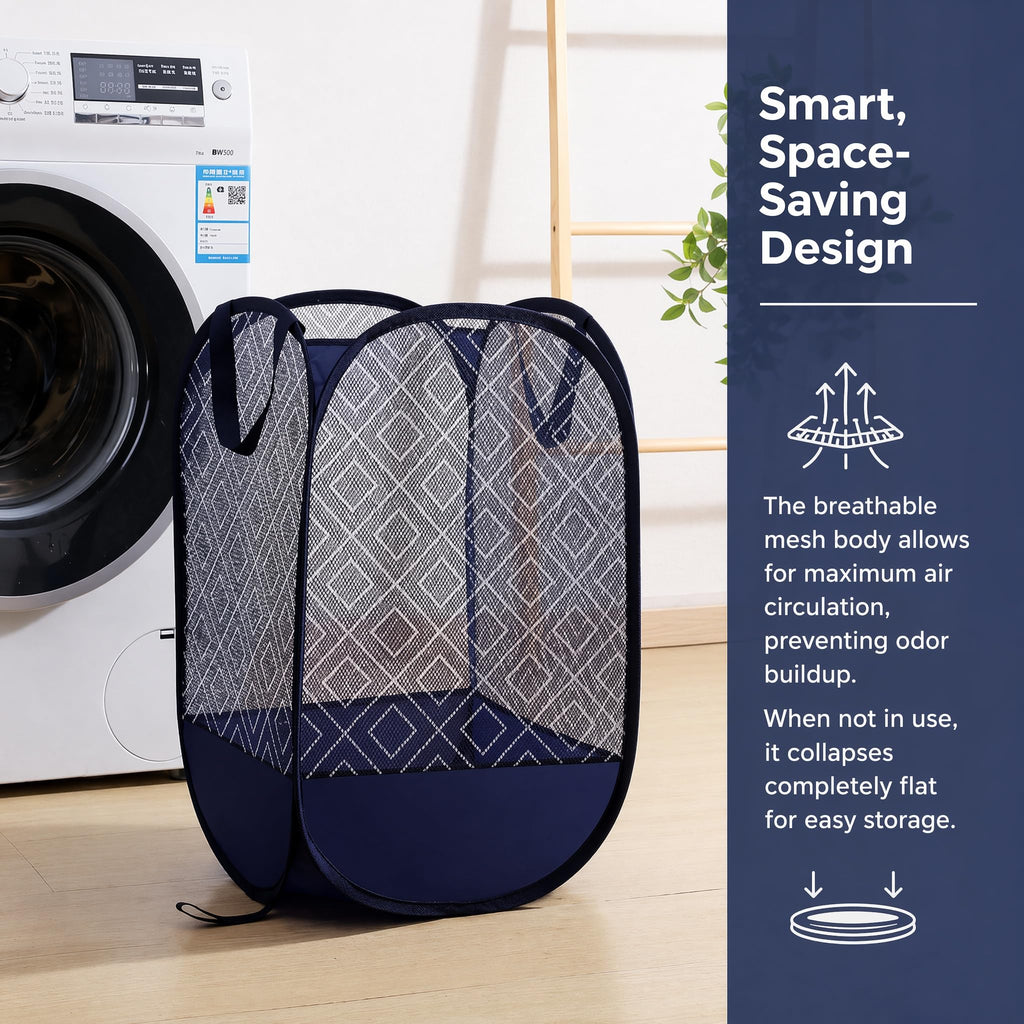 Extra Large Mesh Pop Up Laundry Hamper 2 Pack. Blue Travel Basket