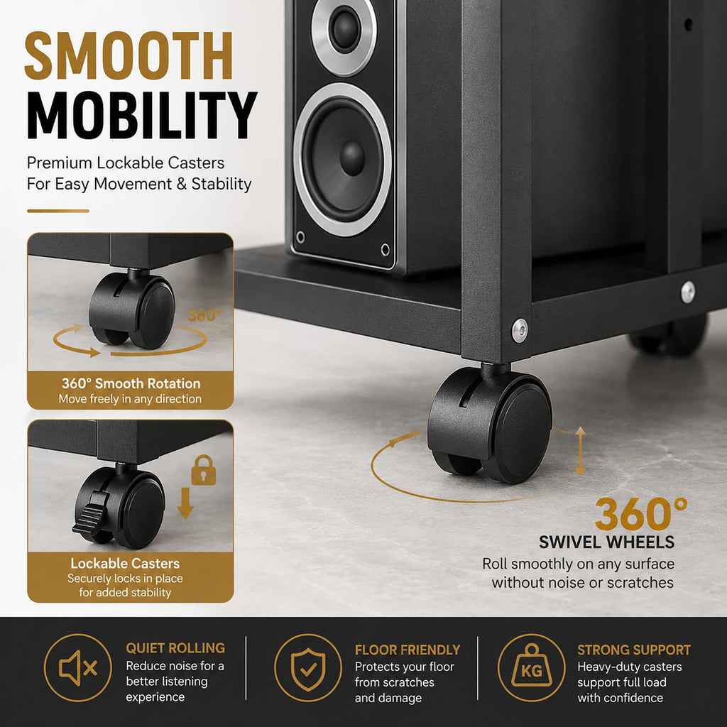5 Tier Av Media Stand with Wheels, 39in Adjustable Audio Rack