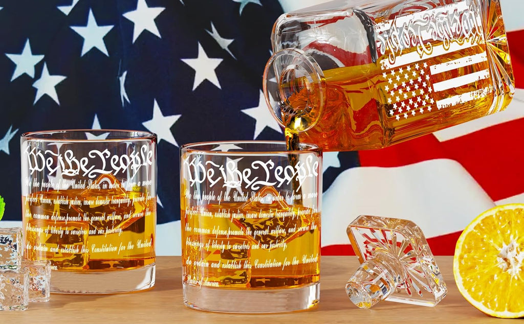 Whiskey Decanter Engraved We The People American Flag Decanter Set with 2 Glasses for Liquor Scotch Bourbon or Wine