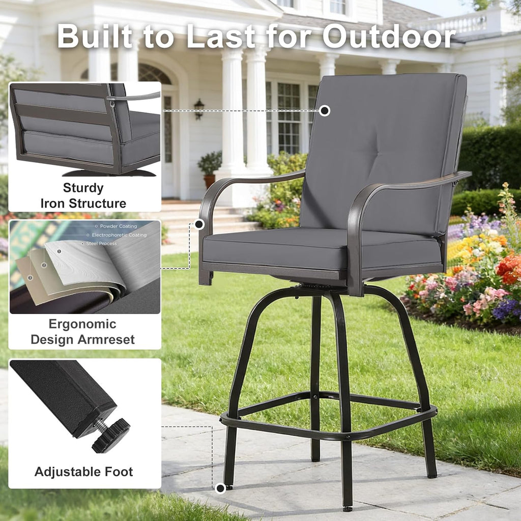 Outdoor Swivel Bar Stools Set of 4, Patio Bar Height Swivel Stools with Cushions Balcony Backyard, Grey