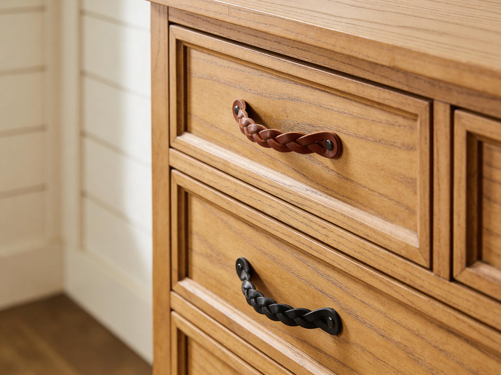 Leather Drawer Pulls - Braided - Cognac - 4 pcs - 6-1/2 x 1 '' - Leather Handle - Leather Dresser Pulls - Cabinet