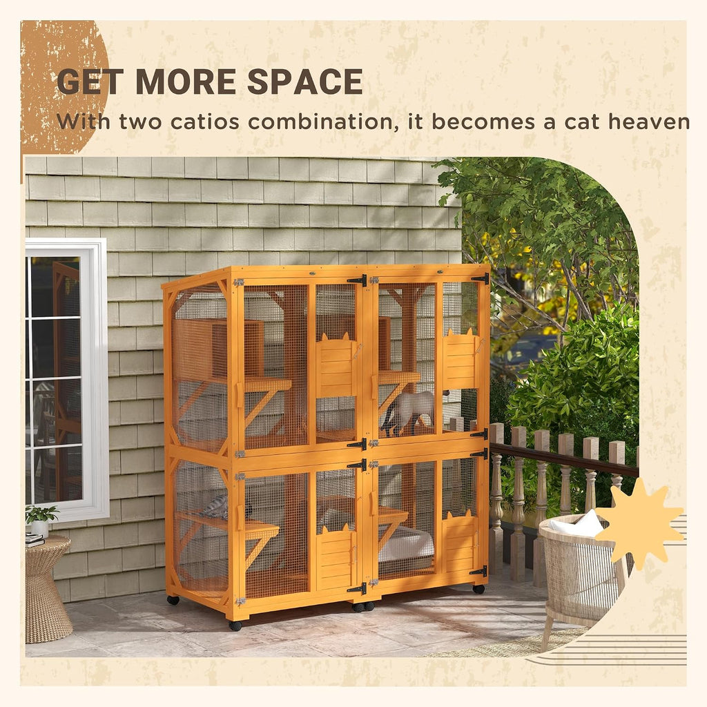 Wooden Catio with Waterproof Roof, Large Cat House with High-Up Resting Box, Indoor & Outdoor Cat Enclosure