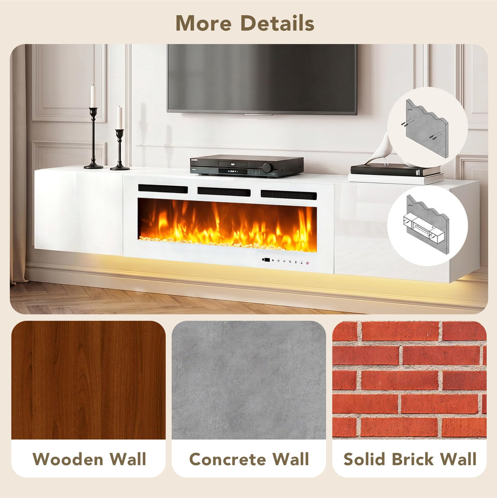 80" Floating TV Stand, Wall-Mounted Entertainment Center with 40" Electric Fireplace, Fits TVs Up to 90 Inches, Media