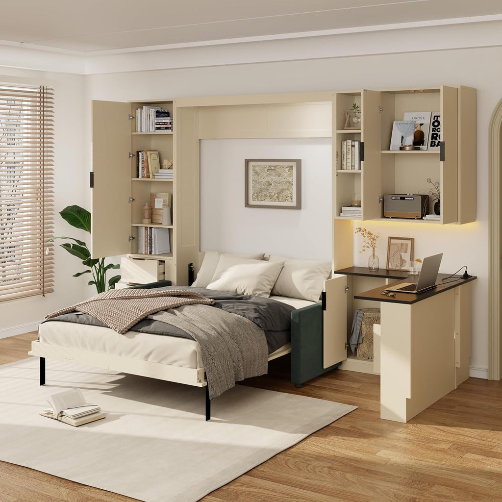 Queen Murphy Bed with Couch,L-Shape Desk and Storage Cabinet & LED, Wood Folding Murphy Wall Bed with Desk,Sofa and
