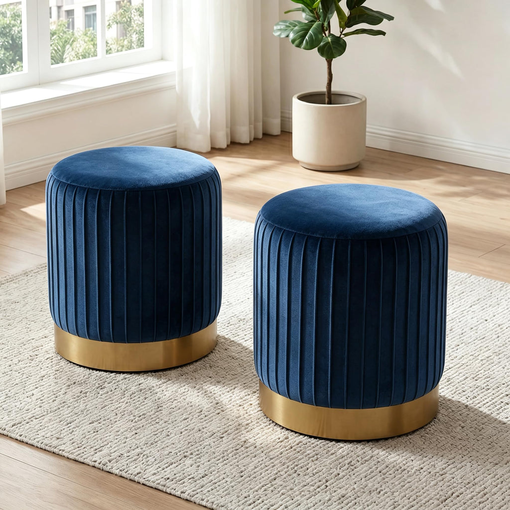 Round Velvet Ottoman, 16.5" H Footrest Stool with Gold Metal Base(Navy)
