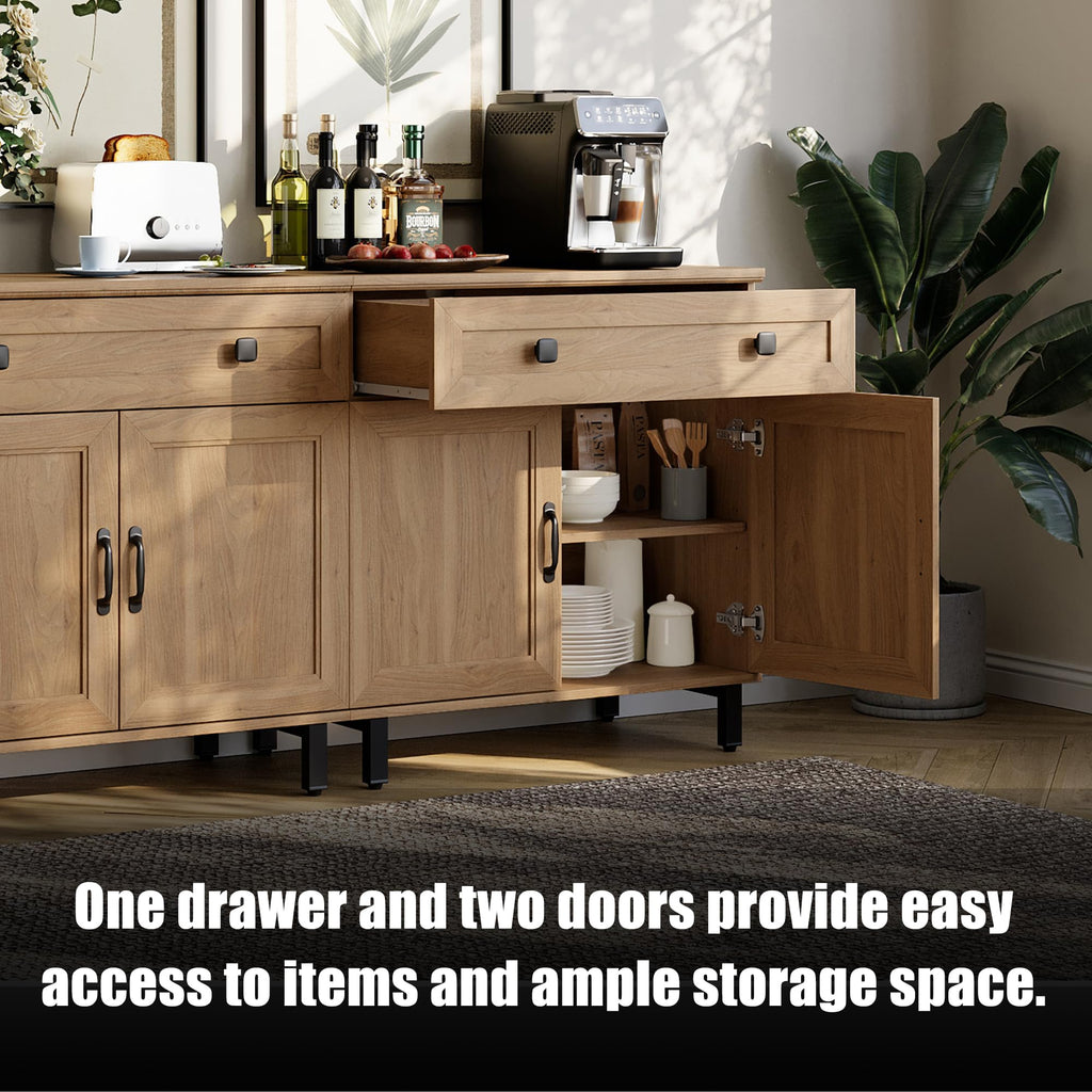 Modern Buffet Cabinet with 4 Doors and 2 Drawers, Large Coffee Bar Table Wood Kitchen Storage Cabinets with Storage