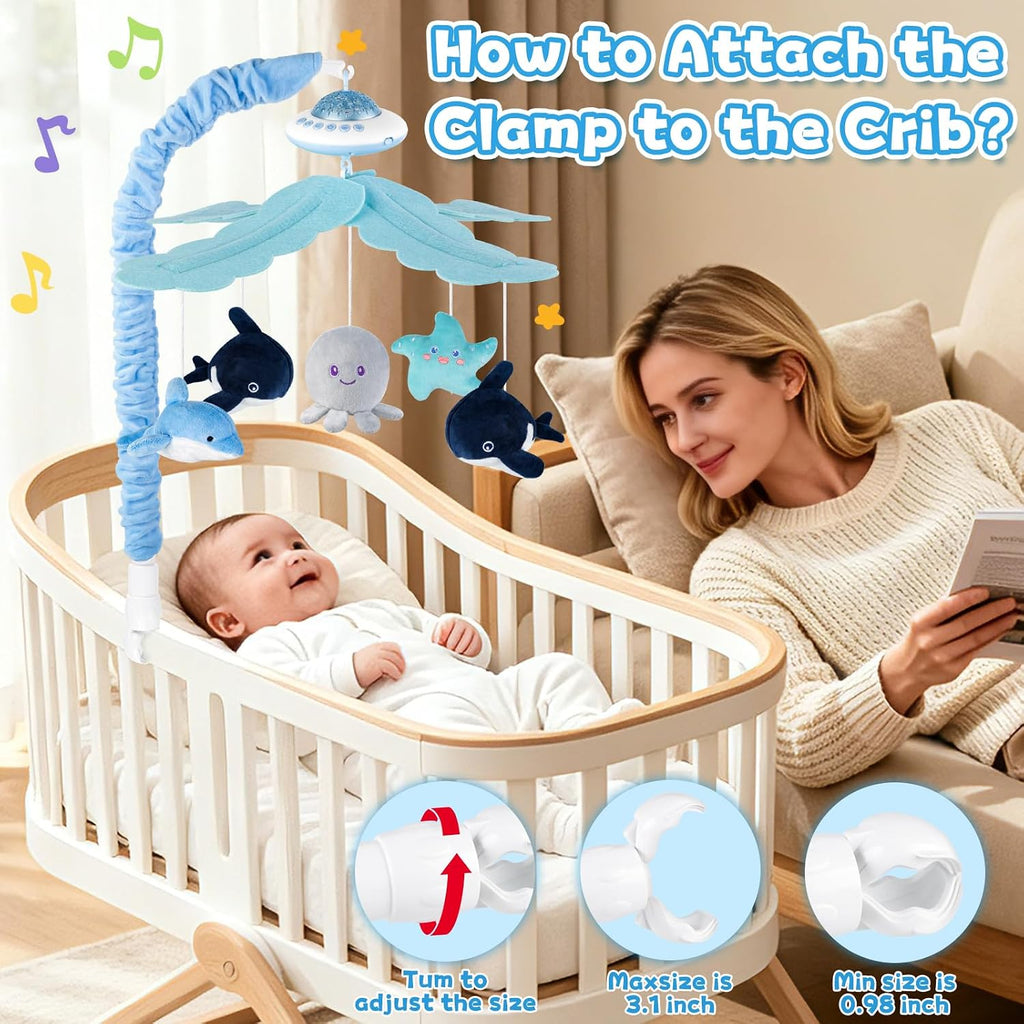 Baby Crib Mobile with Music and Lights, Nursery Baby Mobile for Crib with Remote Control, Rotation, Starlight