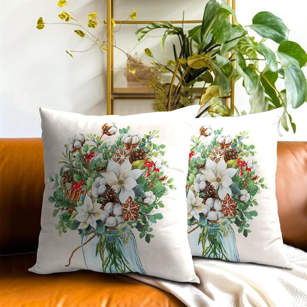 Winter Floral Bouquet Throw Pillow Covers 18x18 Inch 2 Packs Christma Poinsettias Pinecones Pillowcase Holly Berries - Set of 2