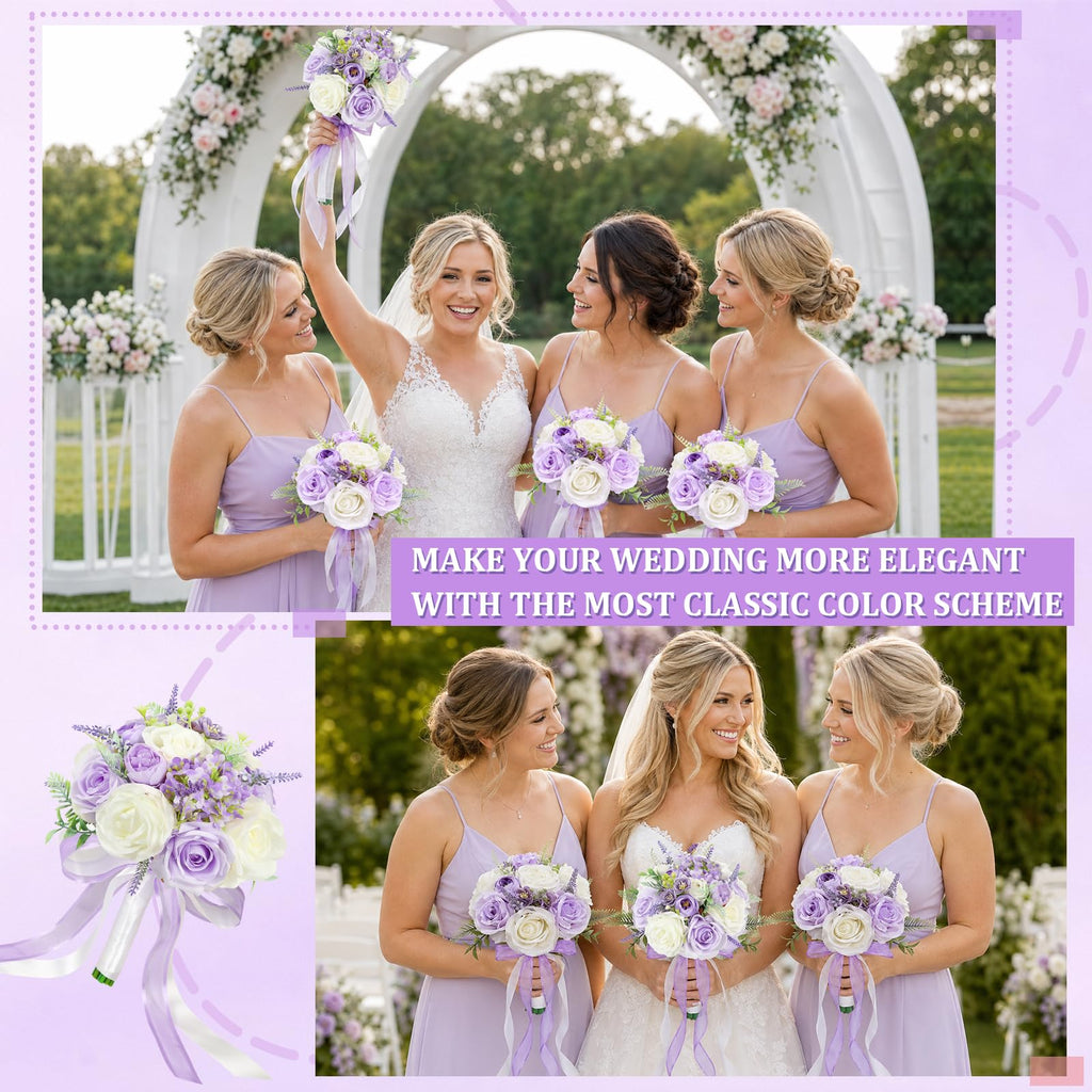 Bride Bouquets for Wedding 8.5 Inch Lilac Artificial Rose Flower Bridal Bouquets for Bride Wedding Bridesmaid
