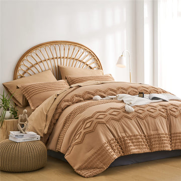 Tufted Boho Comforter Set, 7 Piece Bed in a Bag, Tan