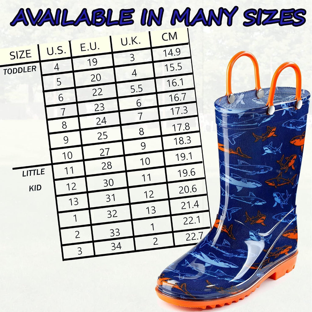 Toddler and Kids Waterproof PVC Rain Boots with Easy-On Handles - Lightweight Slip-Resistant Outdoor Boots for Boys