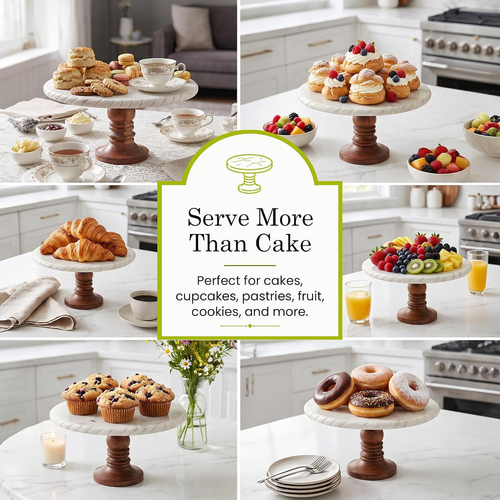 White Marble Cake Stand with Wooden Base - Elegant Round Cake Stand