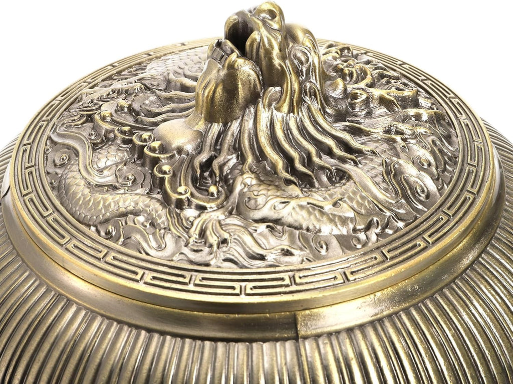 Round Metal Container with Dragon Finial, Metal Living Room Decorative Jar, Dragon Decorated Covered Jar, Bronze