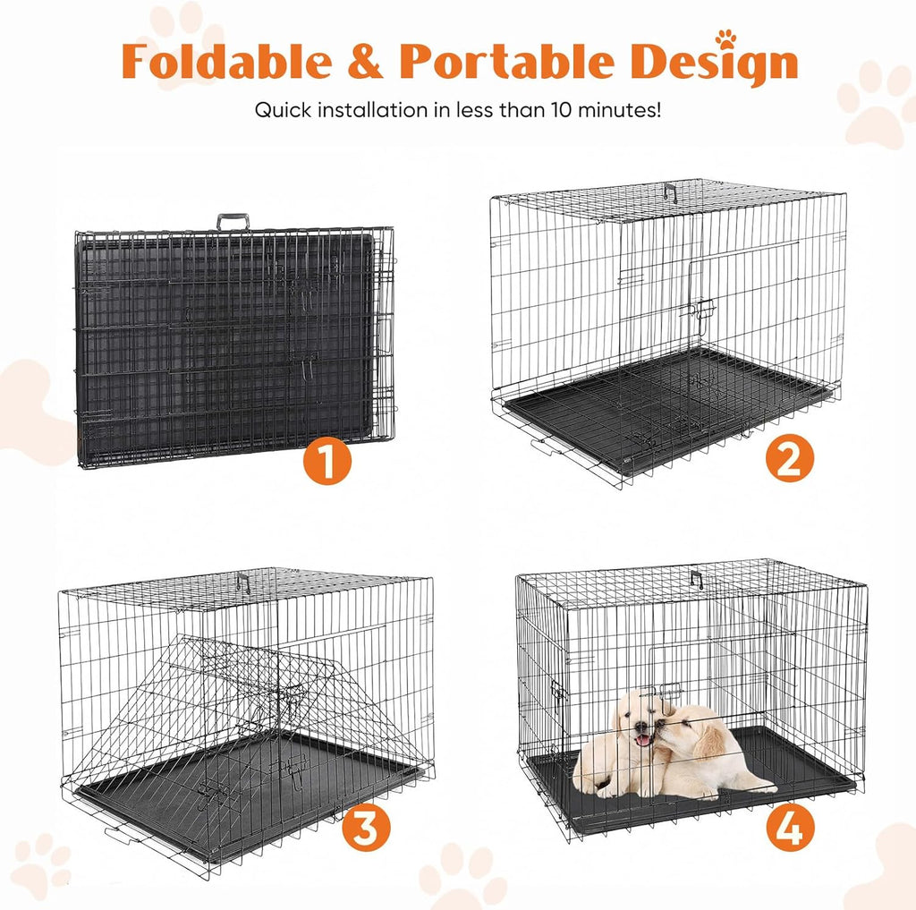 Large Dog Crate, 36 Inch Double Door Folding Metal Wire Dog Cage with Plastic Leak-Proof Pan Tray