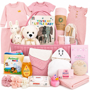 Premium New Baby Girl Gift Basket | Newborn Essentials Care Package in Diaper Caddy Organizer | Plush Toy, Baby