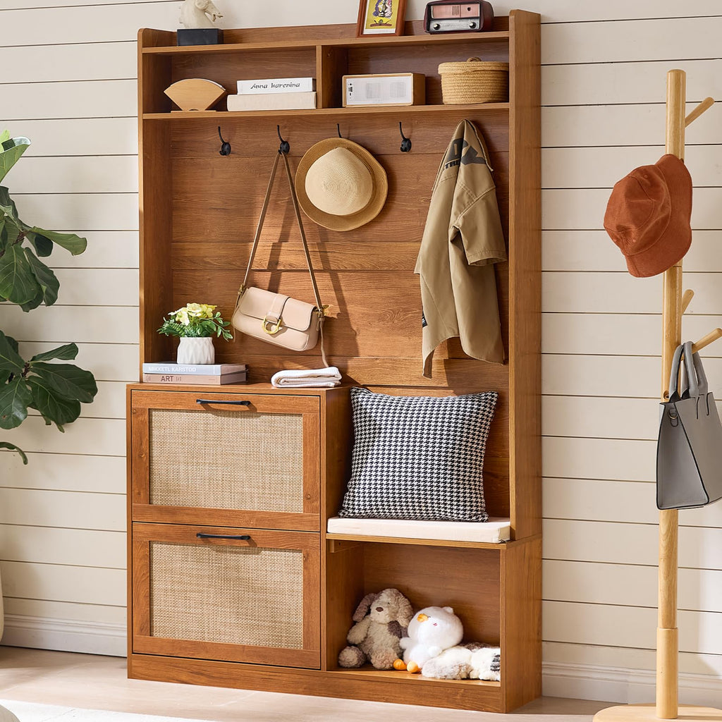 78" Tall Boho Hall Tree with Bench & Shoe Storage, 4-in-1 Mudroom Coat Rack with 2 Flip Rattan Drawers & Cushioned
