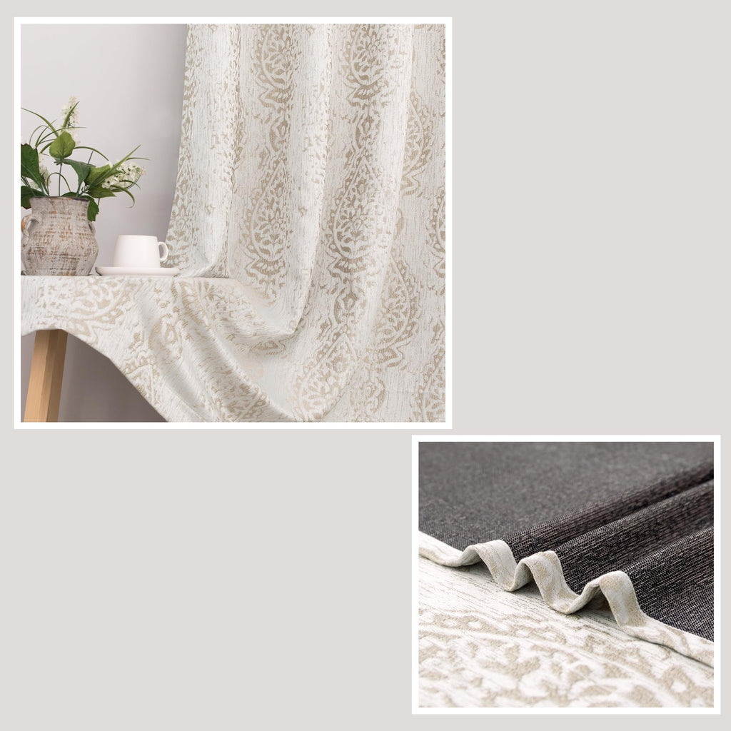 Taupe Neutral Patterned Curtains, 84 Inch Long Semi Blackout Elegant Damask Geometric Textured Pattern Printed Light