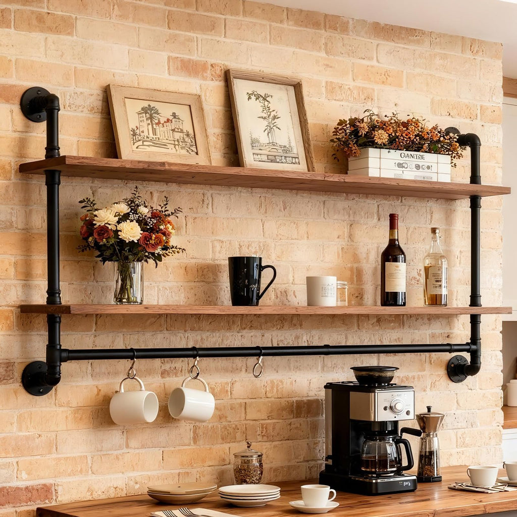 Industrial Pipe Shelving Wall Mounted, Pipe Shelves with Plank(2 Tier 42In)