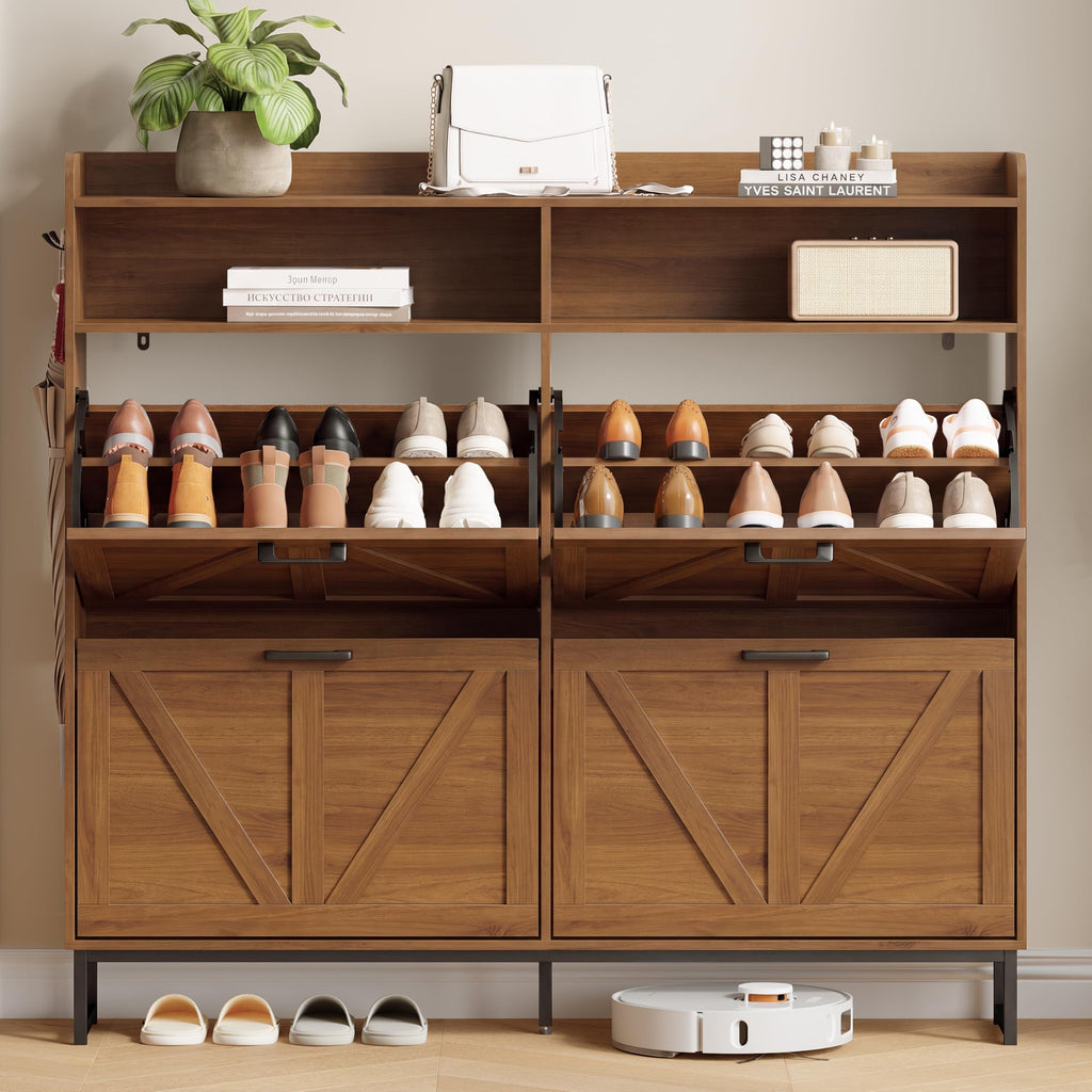 Shoe Storage Cabinet with 4 Flip Drawers, Entryway Shoe Rack, Walnut
