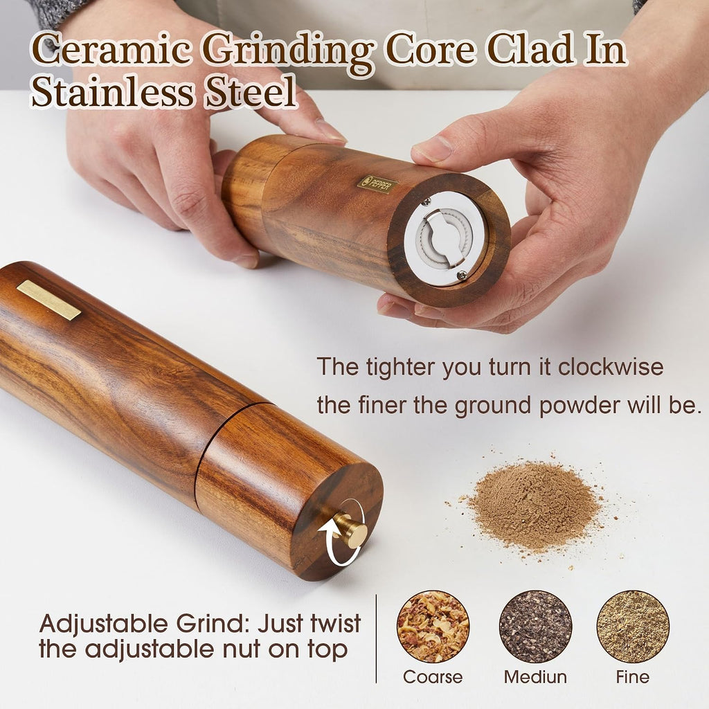 Acacia Wooden Salt and Pepper Grinder Set with Gold Label, Premium 8 Inches salt and pepper shakers, Manual - Set of 2