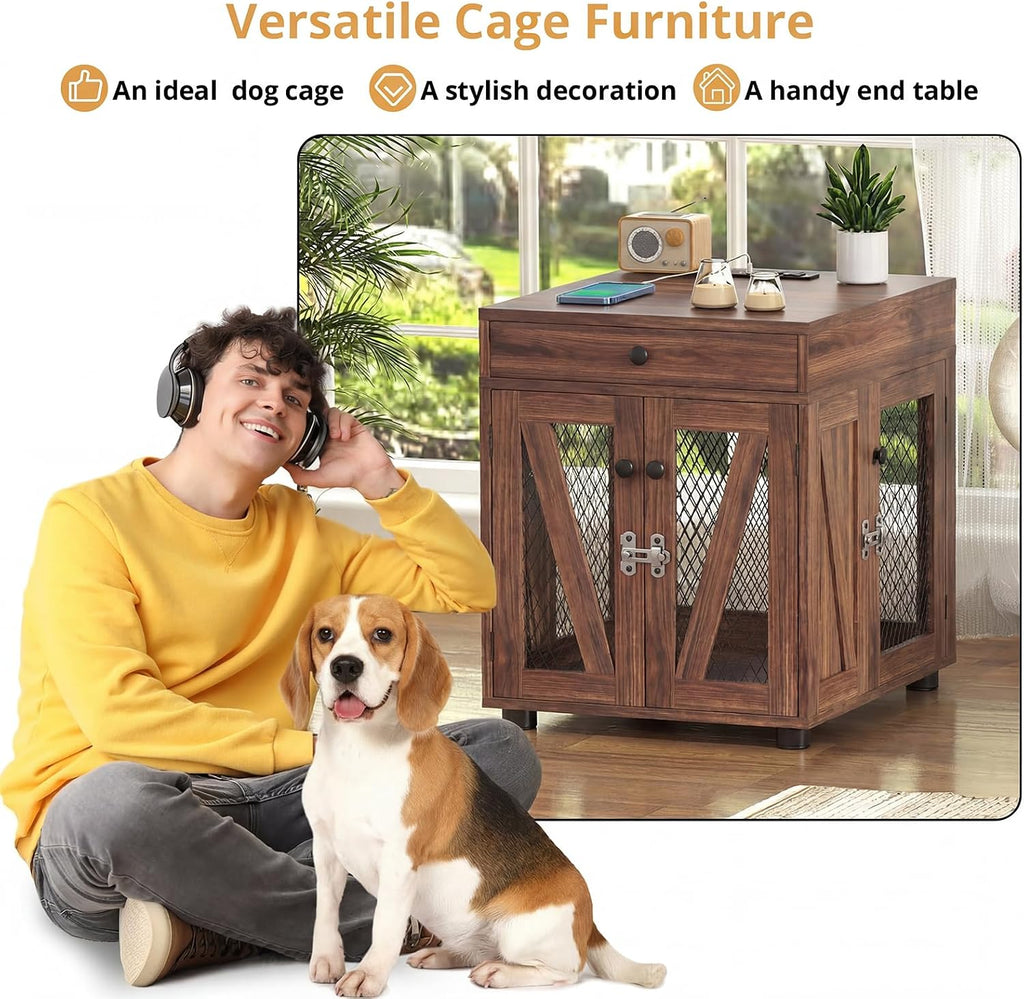 Wooden Dog Crate End Table with USB Charging Station, Walnut