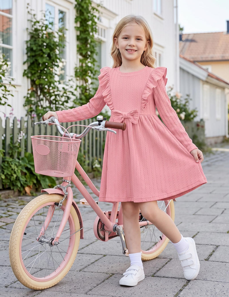 Toddler Girl Dress Ruffle Ribbed Knit Long Sleeve A-Line Swing Fall Winter Bowknot Casual Pink Dress with Pockets