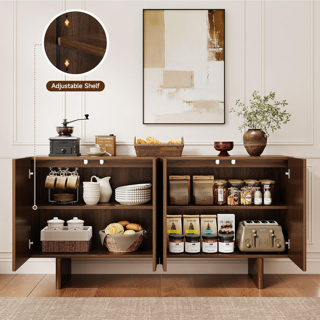 63" Fluted Sideboard Cabinet with Storage Adjustable Shelves Walnut