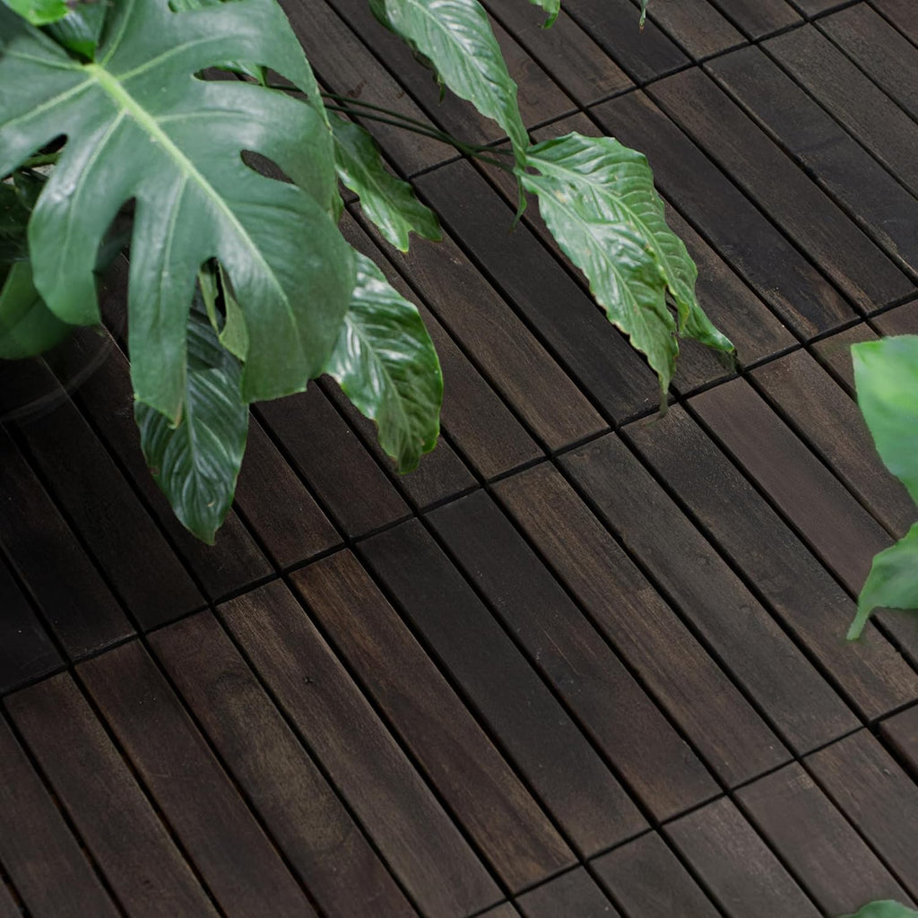 10 Pack of Interlocking Deck Tiles Striped Pattern, 12" x 12" Dark Brown Square Acacia Hardwood Outdoor Flooring for
