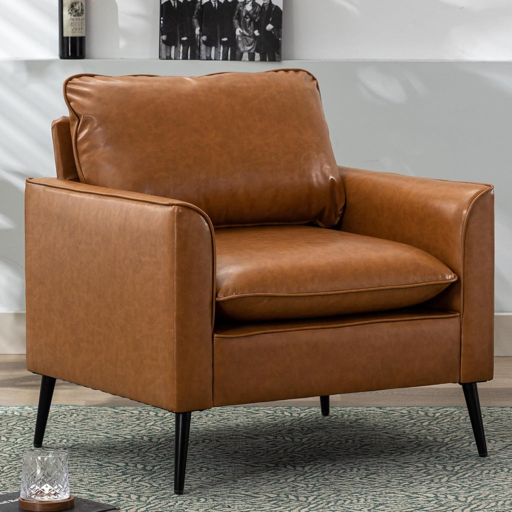 Modern Leather Chair, Oversized Armchair, Mid-Century Accent Reading Chair Comfy, Upholstered Single Sofa - Set of 2