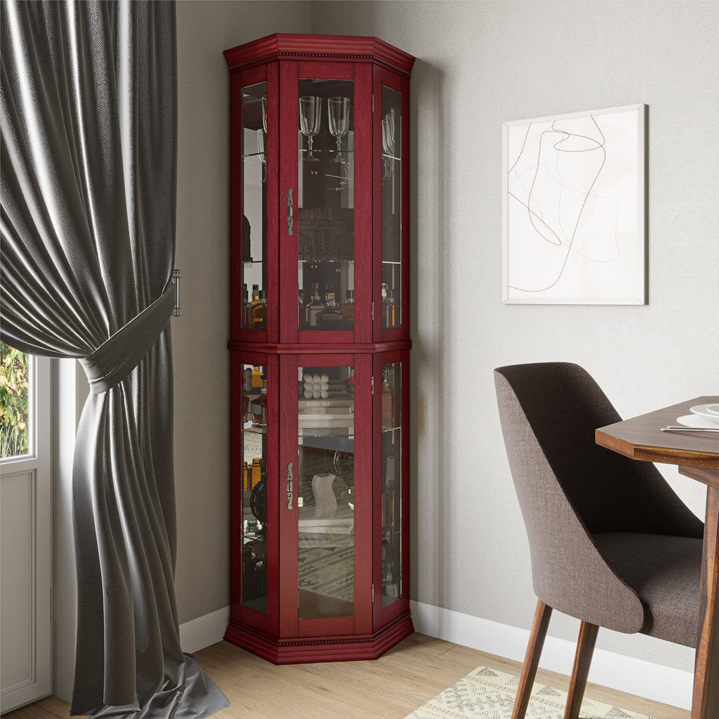 Lighted Wooden Corner Display Curio Cabinet, Two Section Shelving Unit with Tempered Glass Door, Bar and Liquor