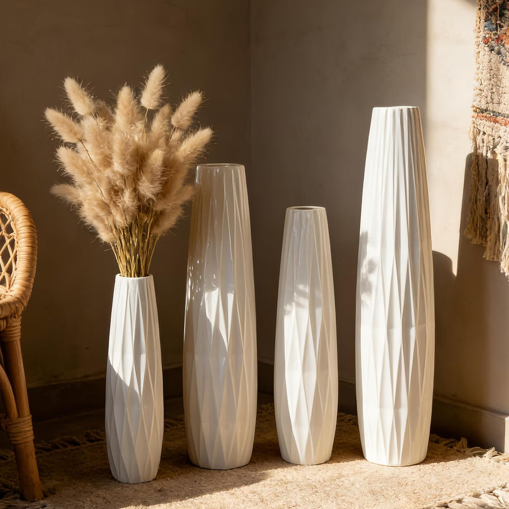 White Tall Ceramic Floor Vase, 35.4 Inch, Ribbed Design, Large Decor | Glossy Glazed Finish, Spacious Rooms