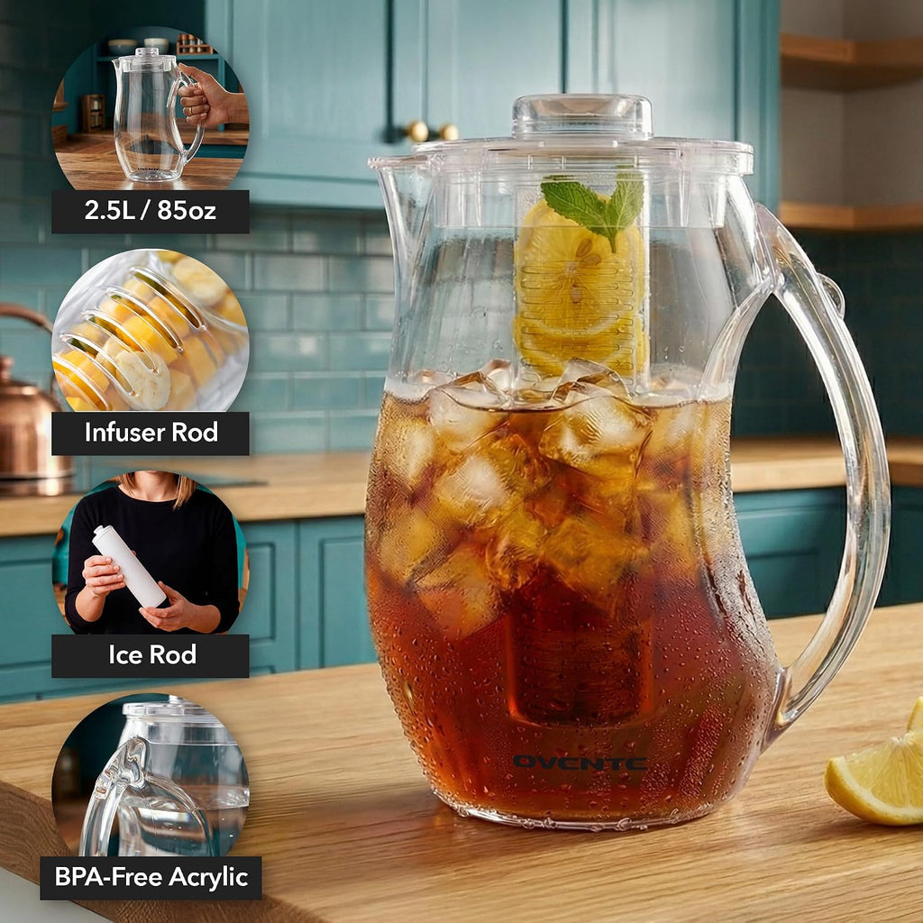 Fruit Infusion Water Pitcher 2.5L/85Oz with Removable Lid and Infuser Rod, BPA-Free, Shatterproof Acrylic Beverage