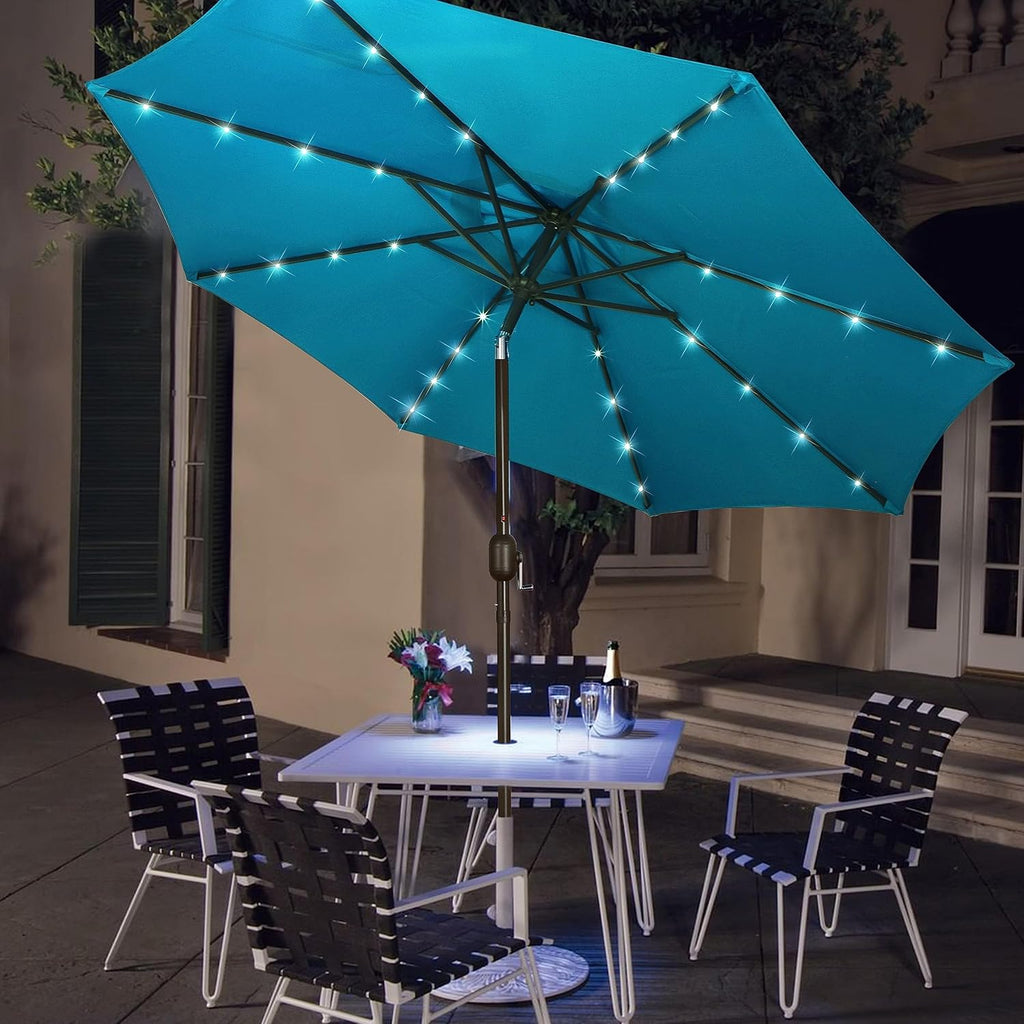 9 ft Solar Umbrella 32 LED Lighted Patio Umbrella Table Market Umbrella with Tilt and Crank Outdoor Umbrella Pool and -