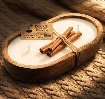 Bowl Candle Co. Warm Cinnamon Buns Soy Candle - 3 Wick Rustic Farmhouse Coffee Table Decor, Odor Eliminator in Wooden