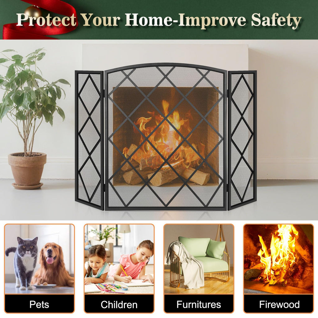 3-Panel Fireplace Screen 48" W x 30" H Wrought Iron Spark Guard