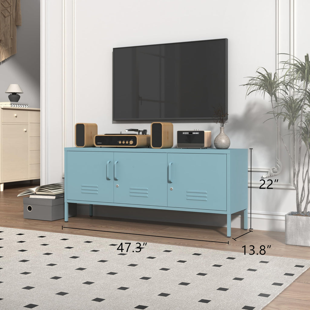 Blue 3-Door Lockable Metal TV Stand Storage Cabinet with Storage Locker, Wide Heavy-Duty Multipurpose Media Console