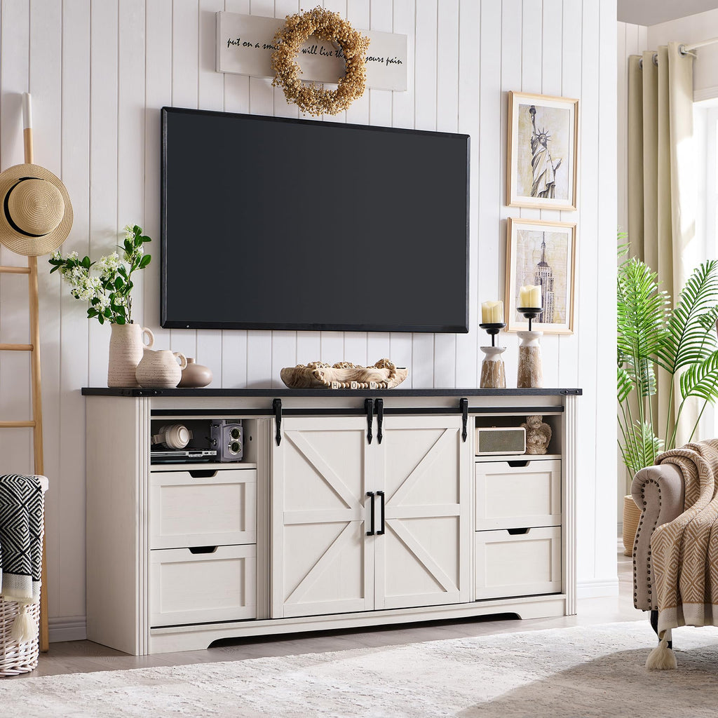 Farmhouse TV Stand for 75 80 Inch TV, 32" Tall Entertainment Center w/4 Drawers & Sliding Barn Door, Rustic Media