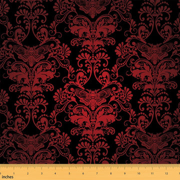 Gothic Spooky Damask Fabric By The Yard 10 Yards, Ombre Red Moth Upholstery Fabric, Gothic Vintage Floral Decorative