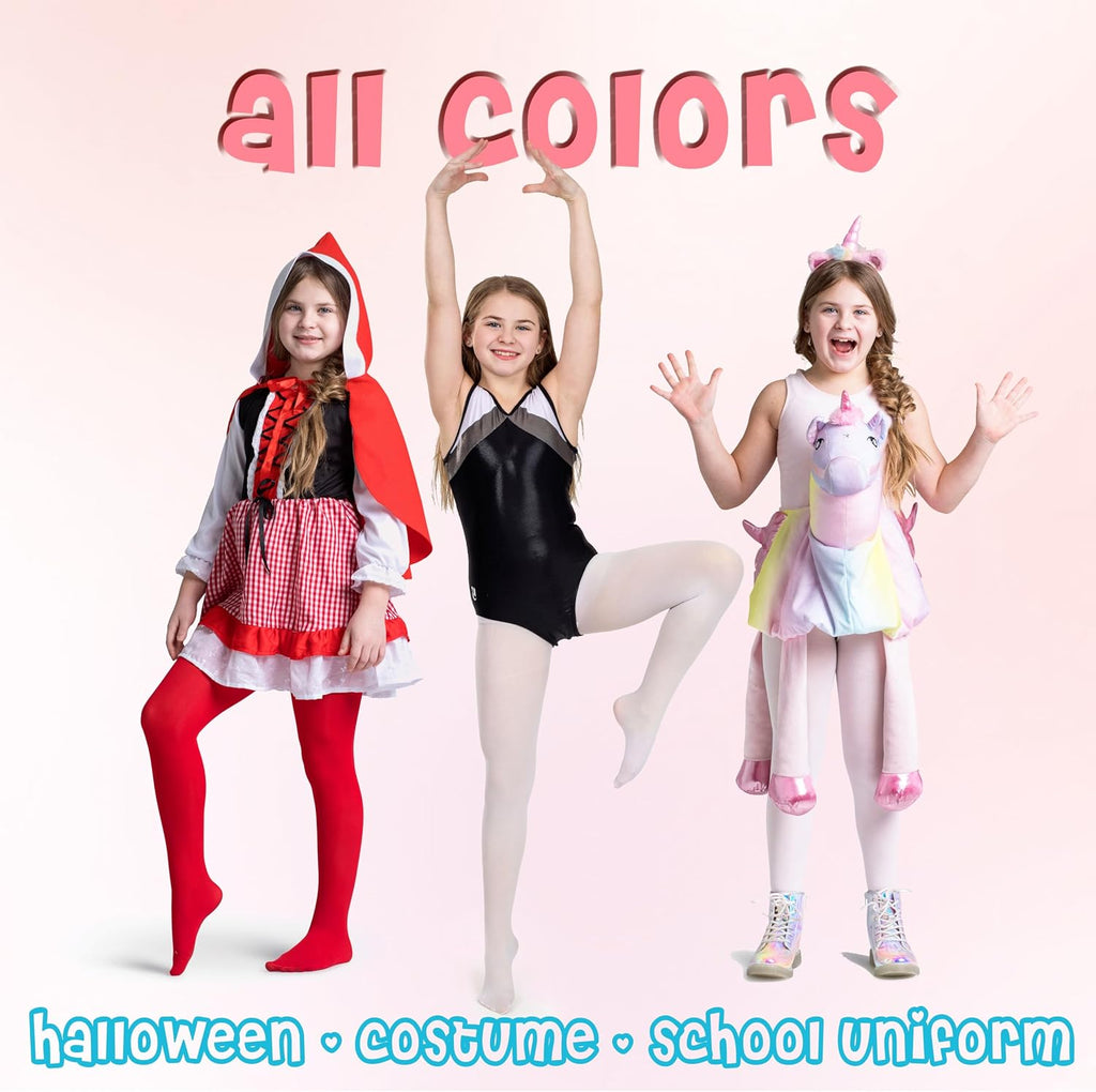 Girls Opaque Microfiber Tights Pairs Black White or Colored Nylon Stockings for Kids - ballet footed tights