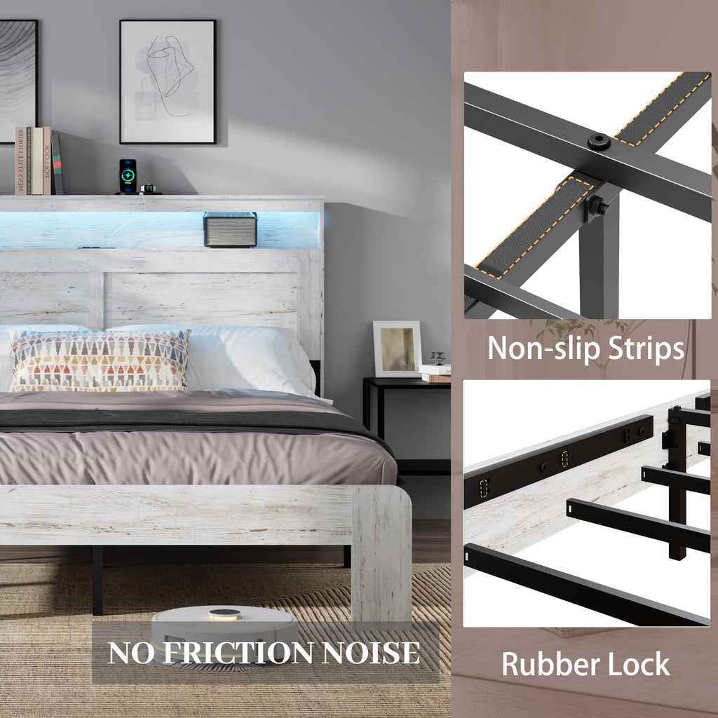 Wooden Bed Frame with Headboard, Rustic Platform Bed Frame