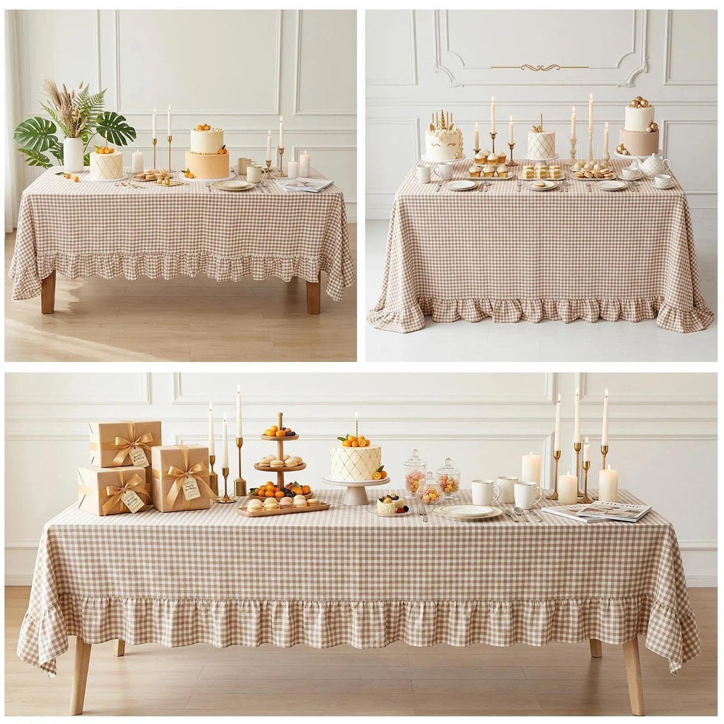 Gingham Ruffled Tablecloth Brown Taupe White 60x120 New Year