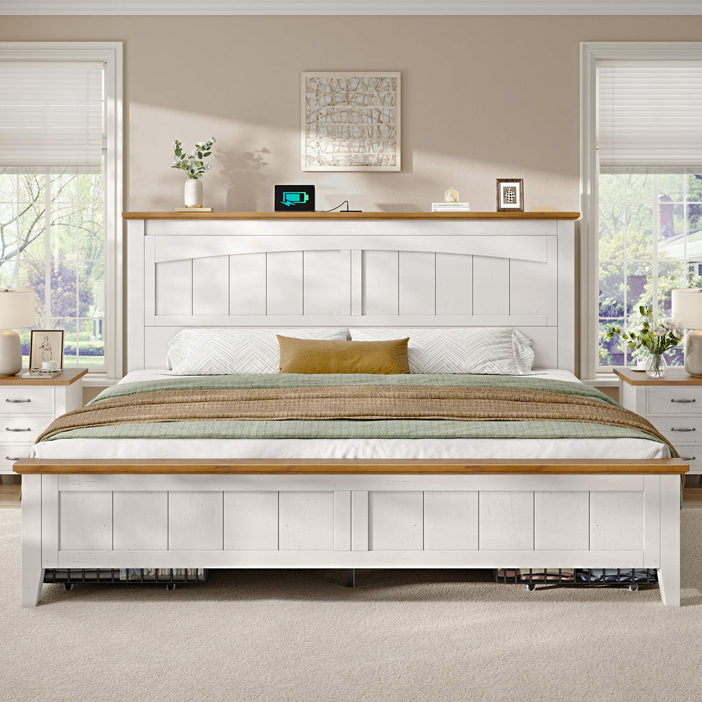 Farmhouse Bed Frame with 50.4" Tall Headboard, Antique White