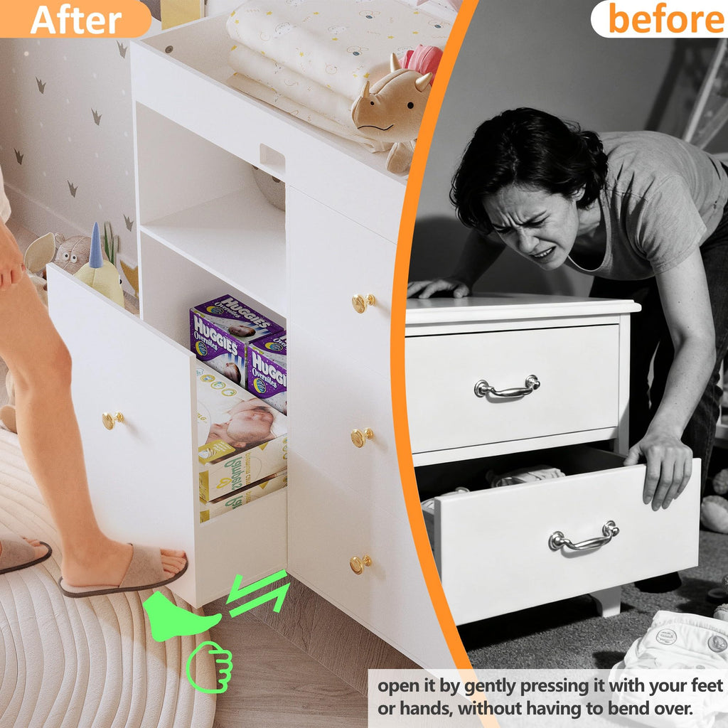 Wooden Baby Changing Table Dresser, Diaper Changing Table with Large Tabletop, 4 Drawers, Open Storage Space & Side