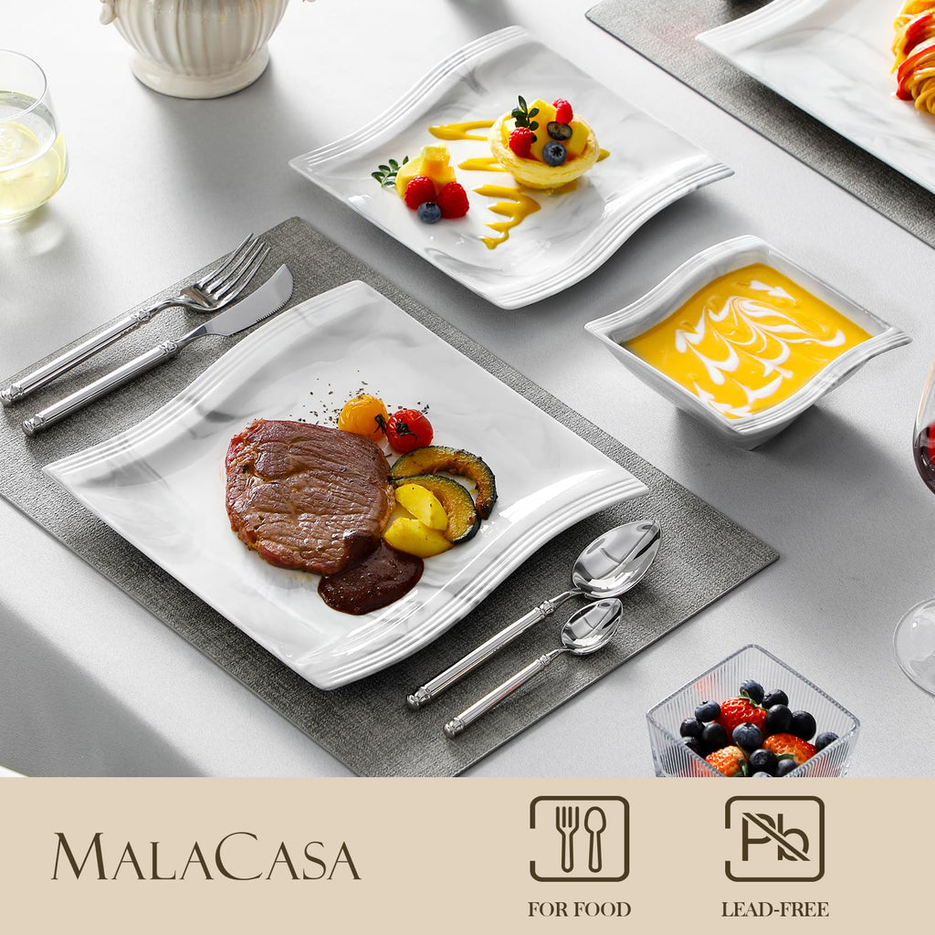 Plates and Bowls Set, 12-Piece Modern Porcelain Dinnerware for 4, Marble Square Ceramic Dish Set, Microwave and