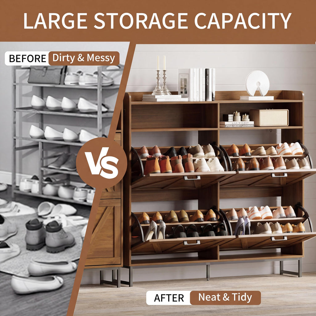 Shoe Storage Cabinet with 4 Flip Drawers, Entryway Shoe Rack, Walnut