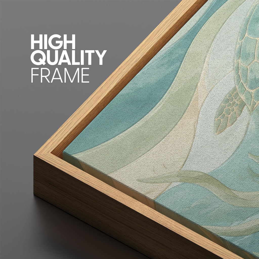 Extra Large Framed Canvas Print Wall Art Coastal Teal Sea Turtle Ocean Wave Retro Fine Art Illustrations Decorative