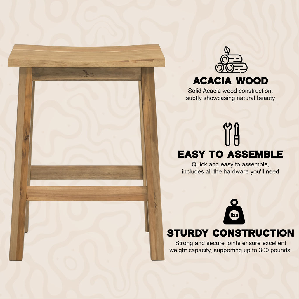 Set 2 Solid Wood Bar Stools, Saddle-Seat Counter Height Stool, White Oak