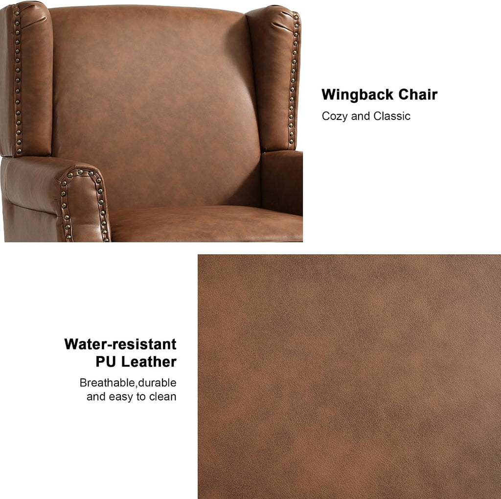 Faux Leather Wingback Accent Chairs with Wood Legs, Brown - Set of 2